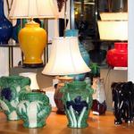 Carved Awaji Pottery, Vintage Lamps, Ebony Elephant.